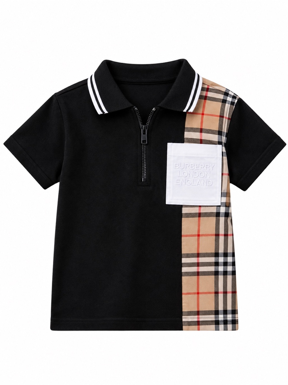 Burberry Black Polo with Nova Check Panel and White Pocket